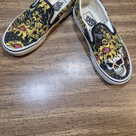 Vans Slip-On Shoes - Black with Floral Skull Design - Picture 2 of 9